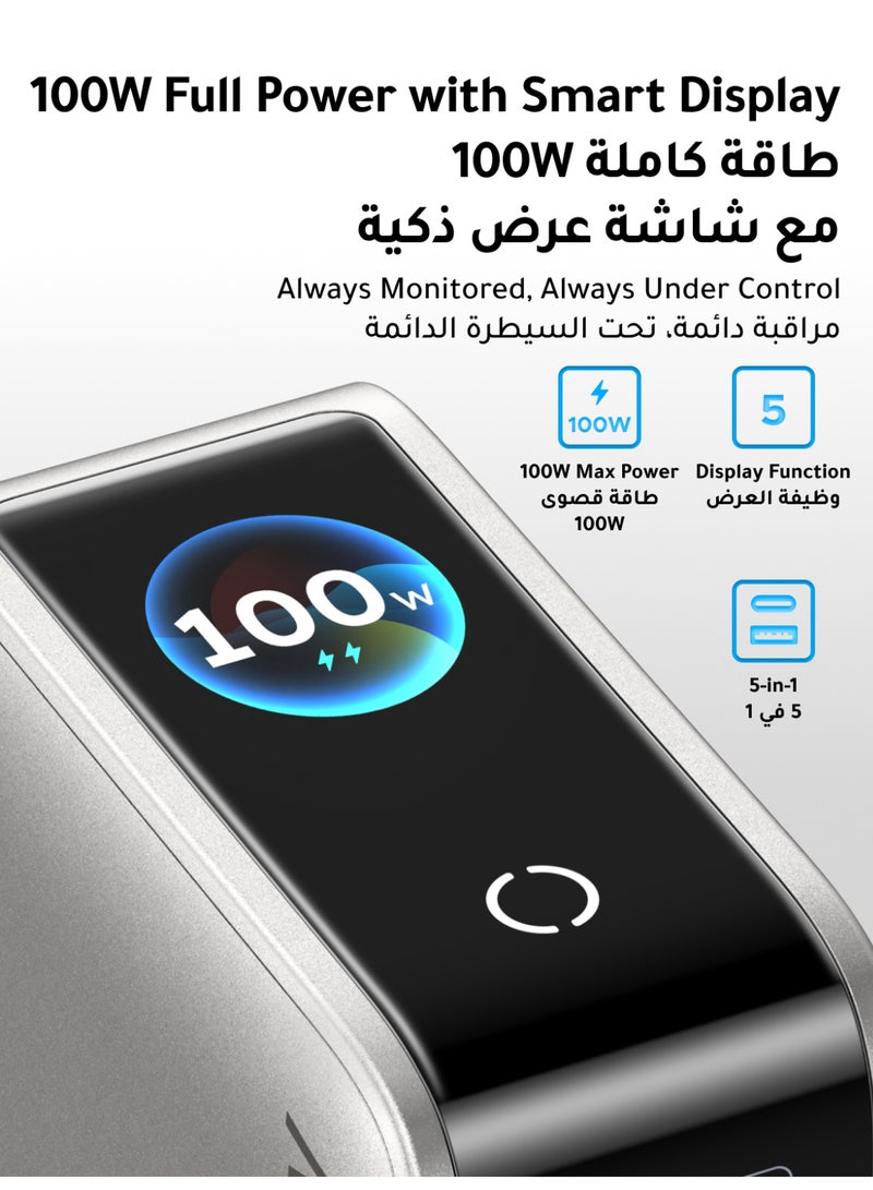 يو جرين شاحن USB من نوع C بقدرة ‎100 واط مع شاشة تفاعلية، شاحن حائط سريع بخمسة منافذ (4 منافذ USB-C ومنفذ USB-A واحد) مع التحكم باللمس والرموز التعبيرية، محطة شحن متوافقة مع ماك بوك، آيفون 17 برو ماكس، وسامسونج جالاكسي S26 ألترا 100 واط 4C1A مع شاشة - Image 2